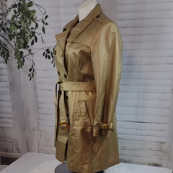 Vintage Jerry Lewis Gold Leather Trench Coat Women's Size 1X - Picture 4 of 9